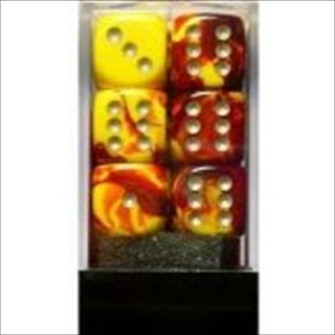 26650 D6 cube gemini Set Of 12 Dice&#44 16 mm - Red & Yellow With Silver Numbering