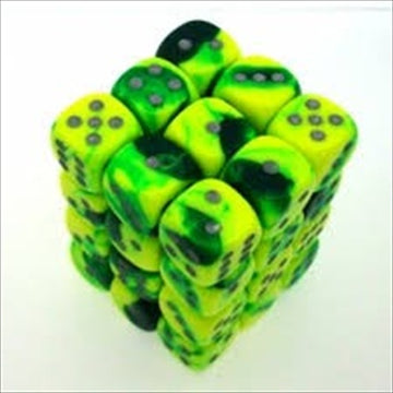 26854 D6 cube gemini Set Of 36 Dice&#44 12 mm - green & Yellow With Silver Numbering