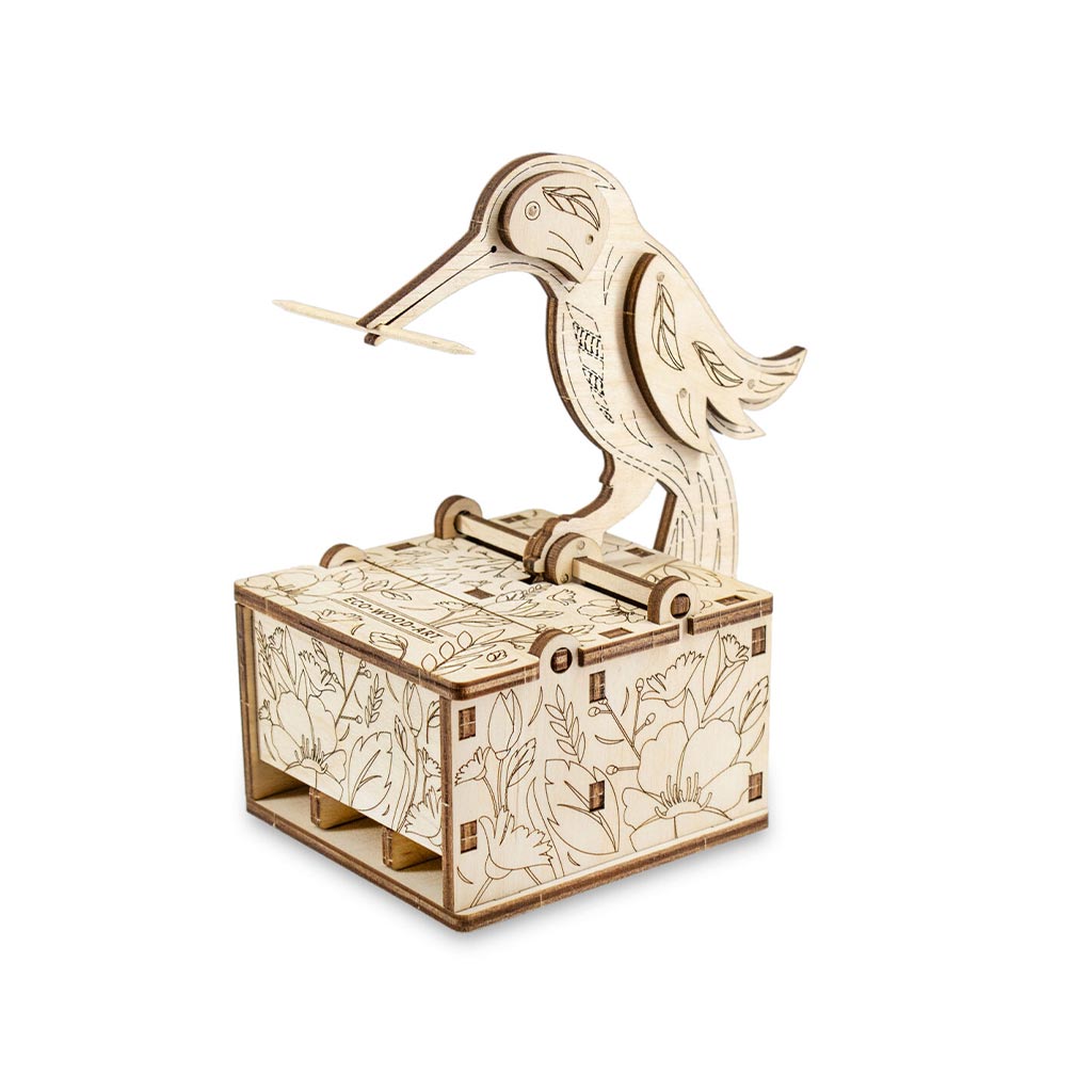 Bird Toothpick Dispenser — Mechanical Wooden Model, 38 Pieces