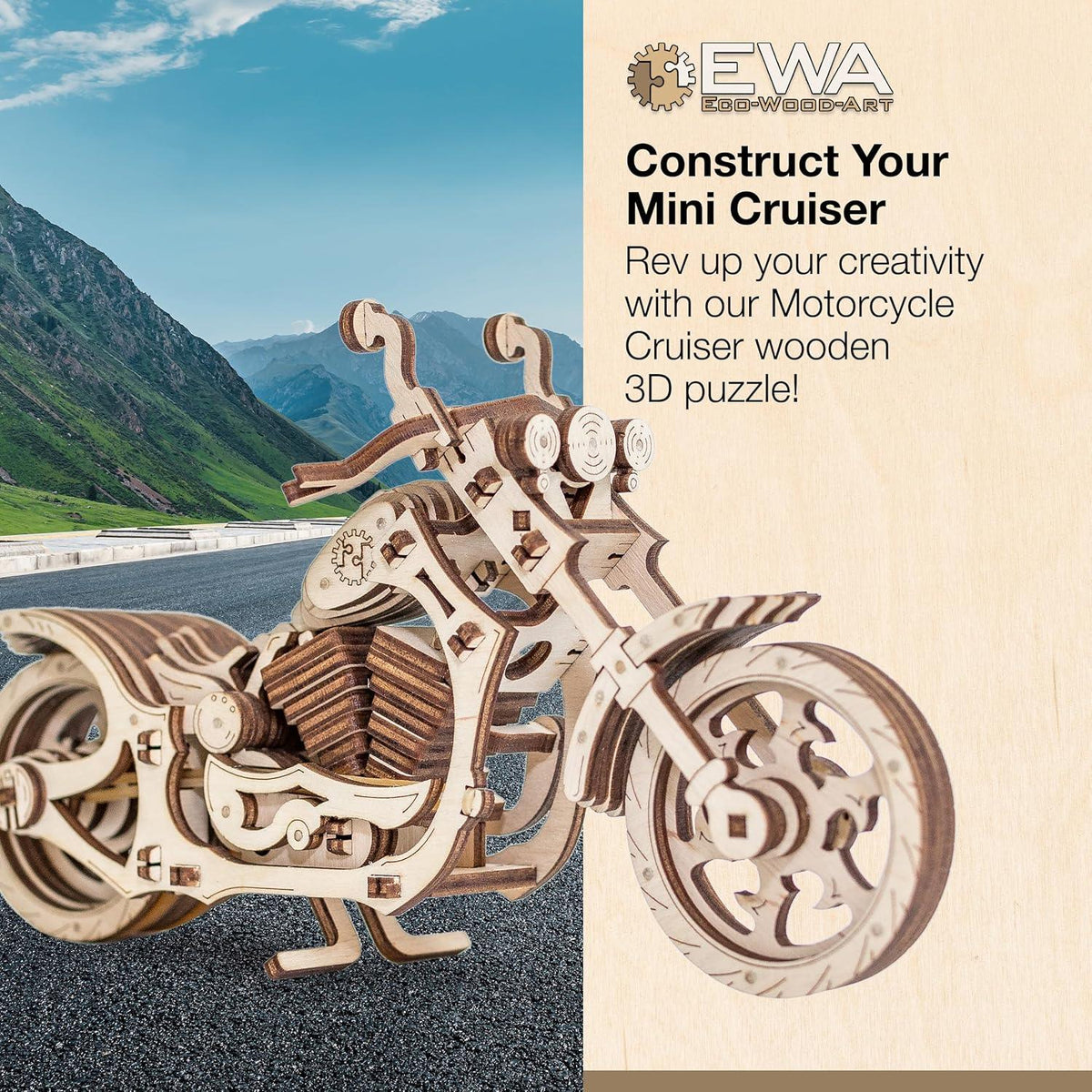 Cruiser Motorcycle — Mechanical Wooden Model, 152 Pieces