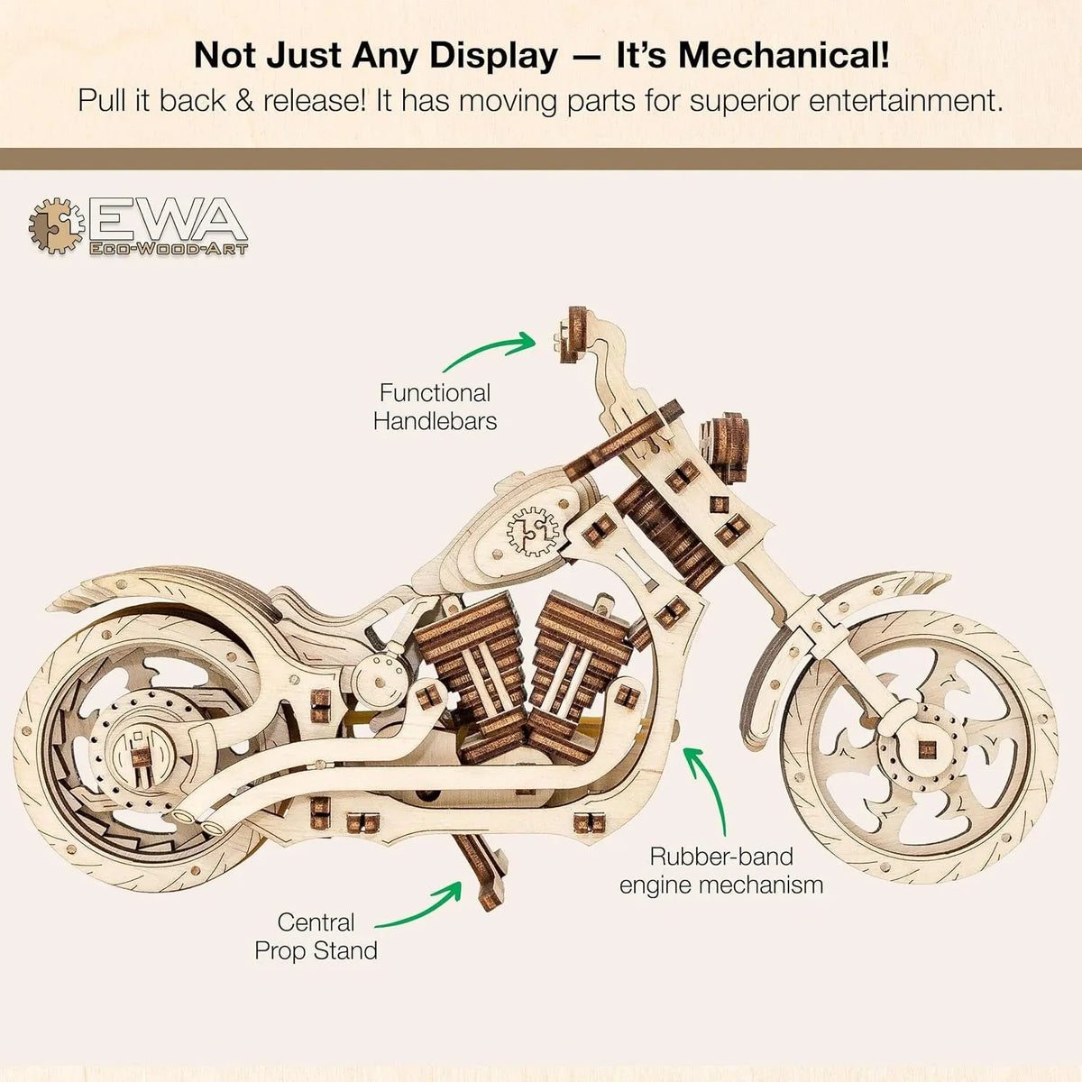Cruiser Motorcycle — Mechanical Wooden Model, 152 Pieces