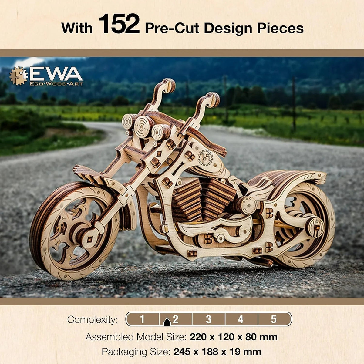 Cruiser Motorcycle — Mechanical Wooden Model, 152 Pieces