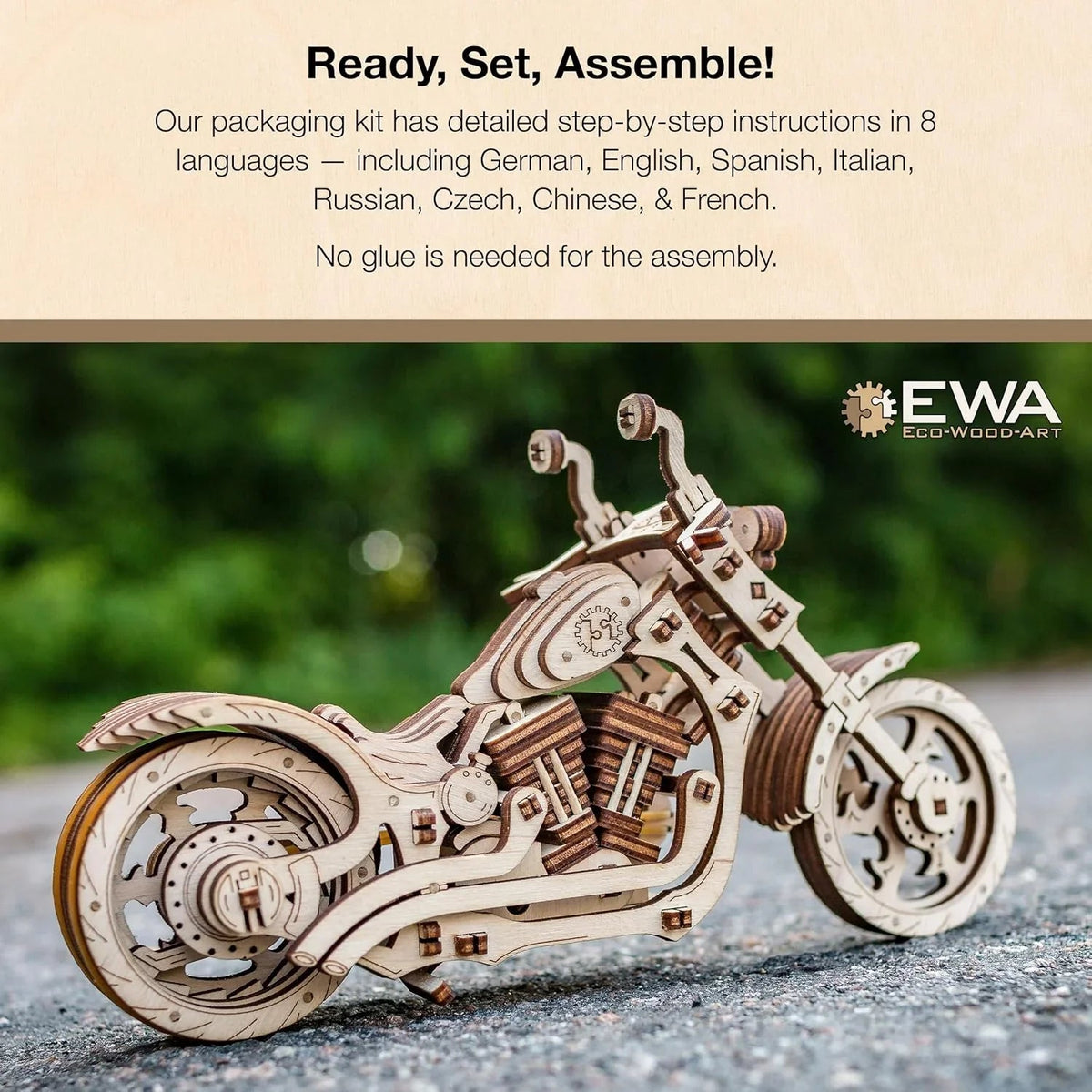 Cruiser Motorcycle — Mechanical Wooden Model, 152 Pieces