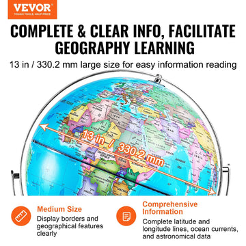 Vevor Illuminated World Globe With Stand, 13 In/330.2 Mm, Educational Earth Globe With Stable Heavy Metal Base Hd Printed Map An