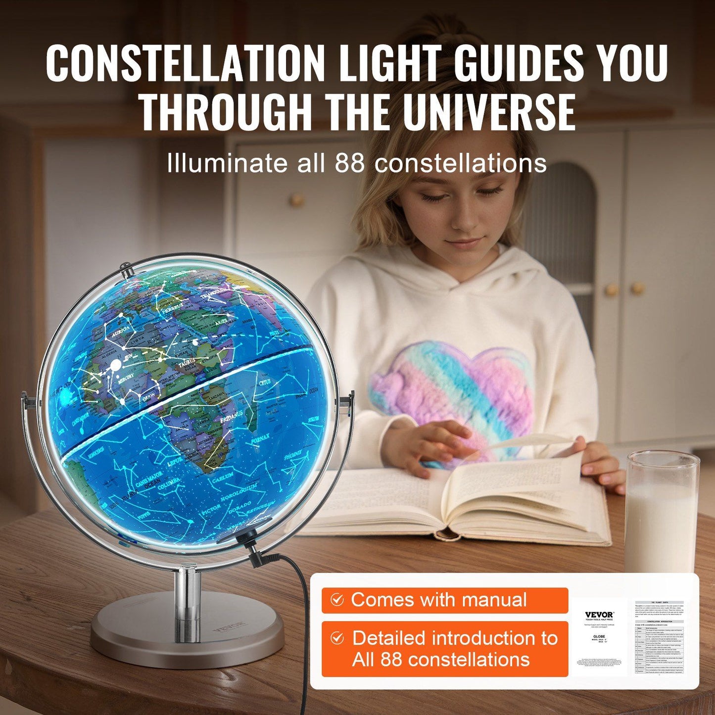 Vevor Illuminated World Globe With Stand, 9 In/228.6 Mm, Educational Earth Globe With Stable Heavy Metal Base And Led Constellat