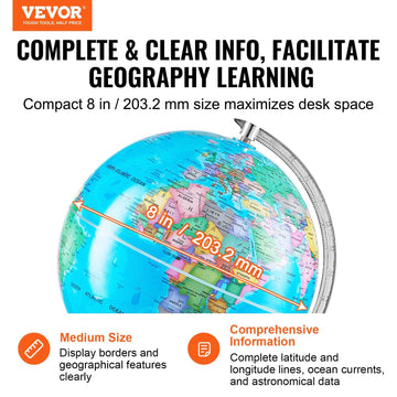 Vevor Rotating World Globe With Stand, 8 In/203.2 Mm, Educational Geographic Globe With Precise Time Zone Abs Material, 360 Spin