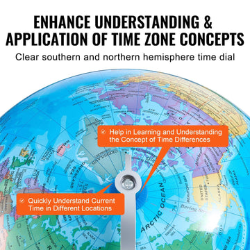 Vevor Rotating World Globe With Stand, 8 In/203.2 Mm, Educational Geographic Globe With Precise Time Zone Abs Material, 360 Spin