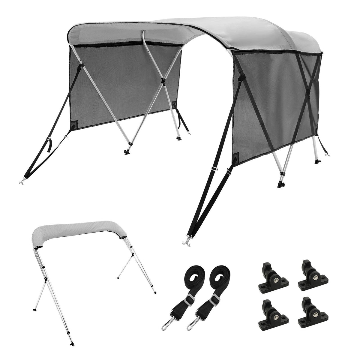 VEVOR 3 Bow Bimini Top Boat Cover, Detachable Mesh Sidewalls, 600D Polyester Canopy with 1 Aluminum Alloy Frame, Includes Storag