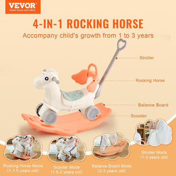 Vevor 4 In 1 Rocking Horse For Toddlers 1-3 Years, Baby Rocking Horse With Detachable Balance Board, Push Handle And 4 Smooth Wh