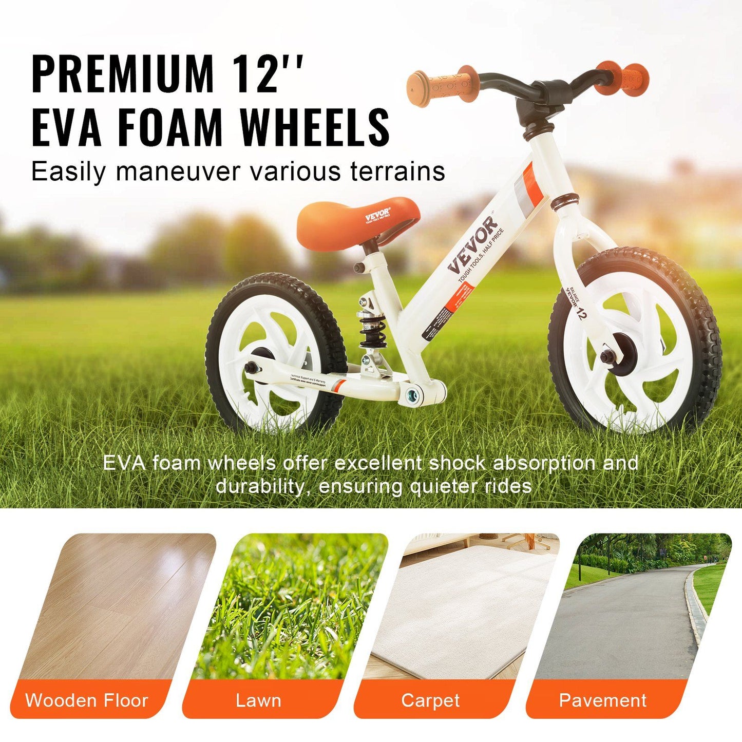 Vevor Toddler Balance Bike, 12'' Carbon Steel Kids Bike With Adjustable Seat & Handlebar, Eva Foam Tires, No Pedal Kids Balance