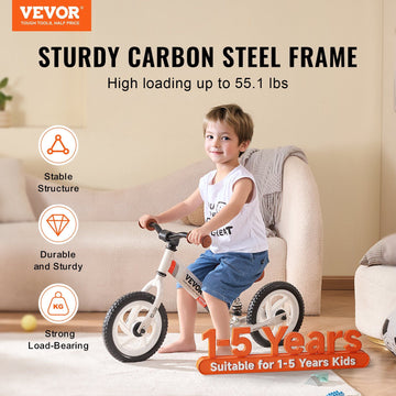 Vevor Toddler Balance Bike, 12'' Carbon Steel Kids Bike With Adjustable Seat & Handlebar, Eva Foam Tires, No Pedal Kids Balance