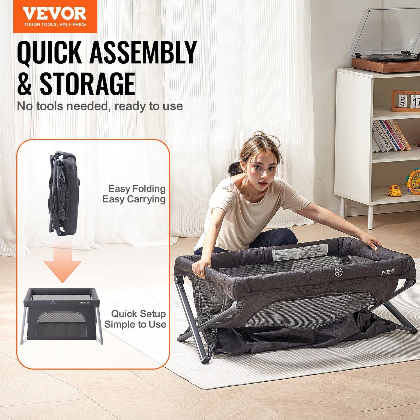 Vevor Baby Travel Crib Play Yard Folding Baby Toddler Playpen With Zipper Gate