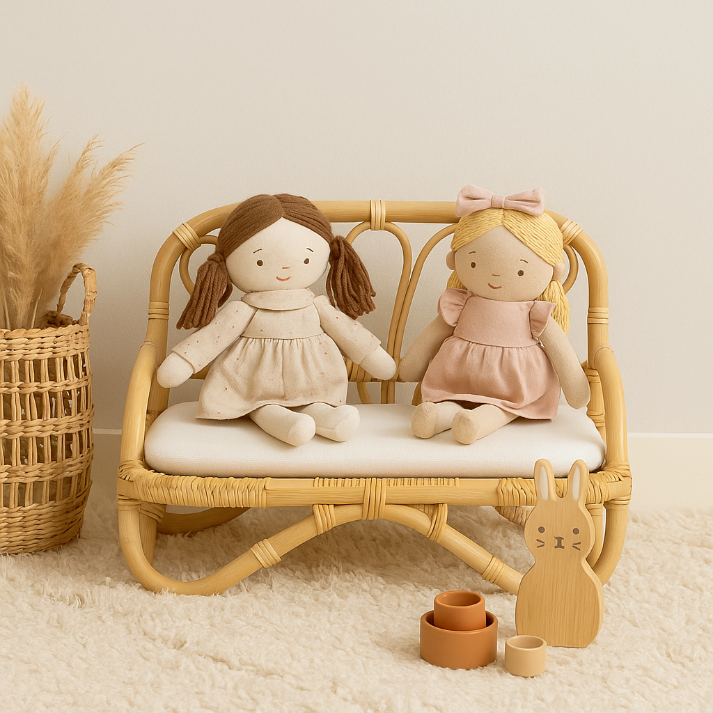 Handmade Rattan Doll Sofa | Boho Montessori Doll Furniture | Eco-Friendly Pretend Play Couch for Girls Dolls
