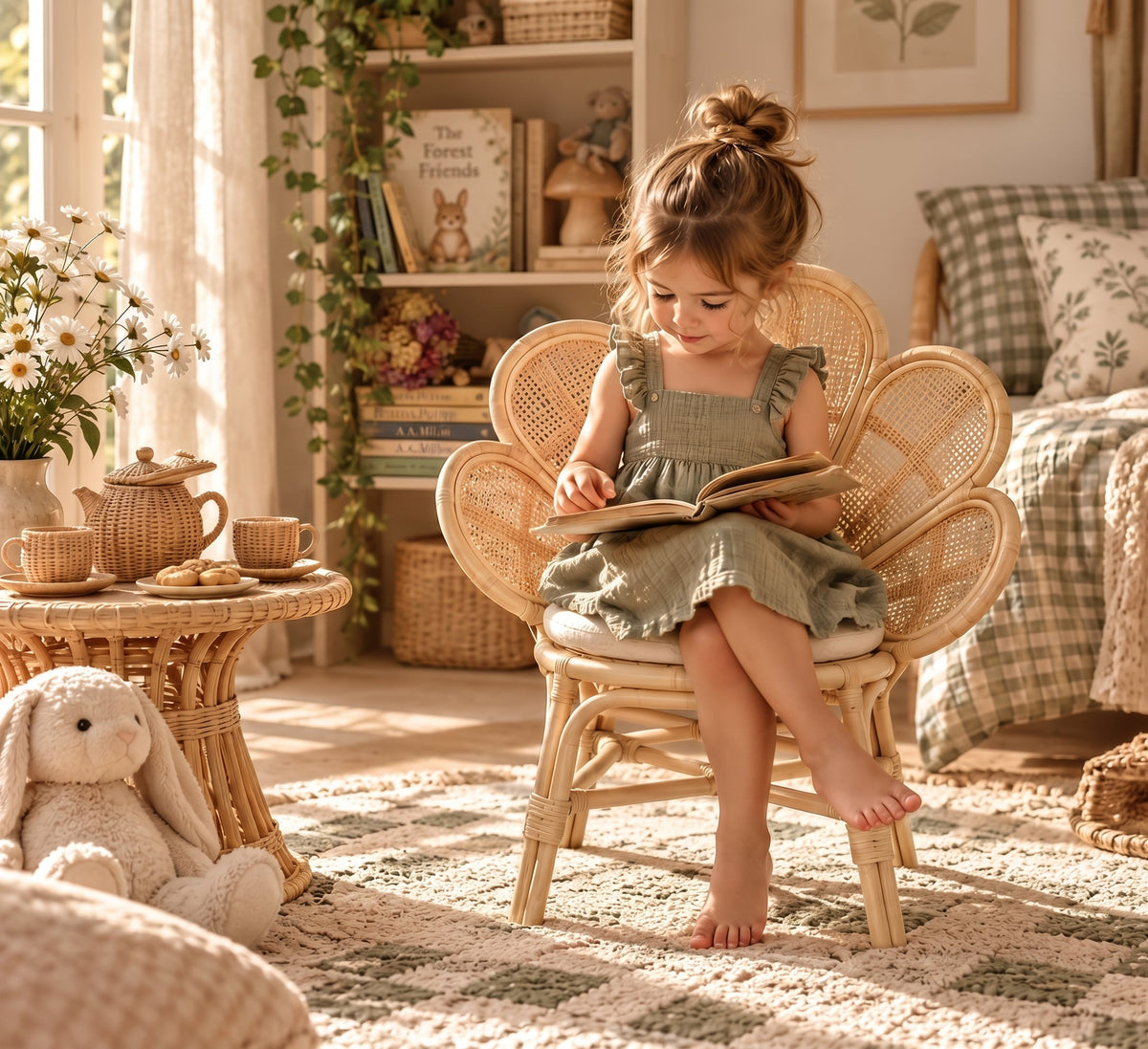 Handmade Rattan Flower Chair for Kids – Blossom Bloom Rattan Chair – Handwoven Flower Chair for Kids and Dolls| Boho Nursery & Playroom Furniture