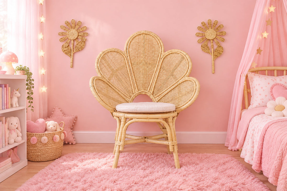 Handmade Rattan Flower Chair for Kids – Blossom Bloom Rattan Chair – Handwoven Flower Chair for Kids and Dolls| Boho Nursery & Playroom Furniture