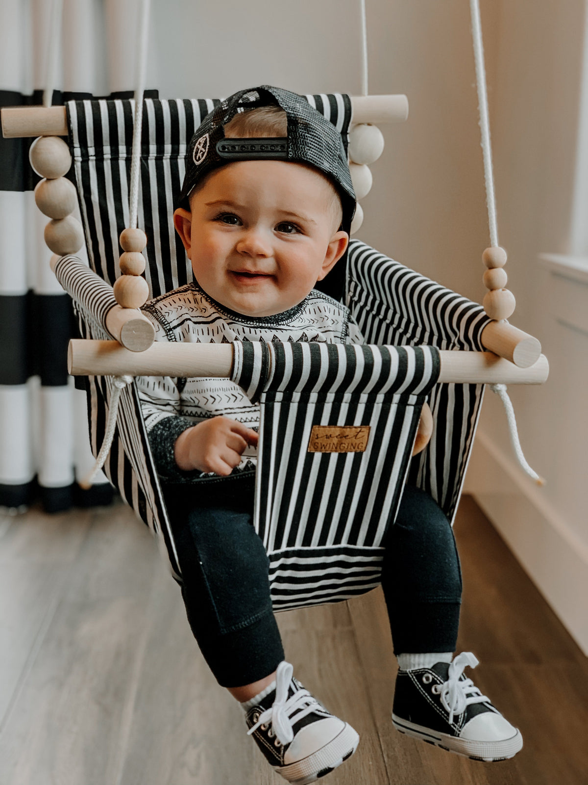 Indoor High Back Baby & Toddler Swing-Classic Black White Stripe