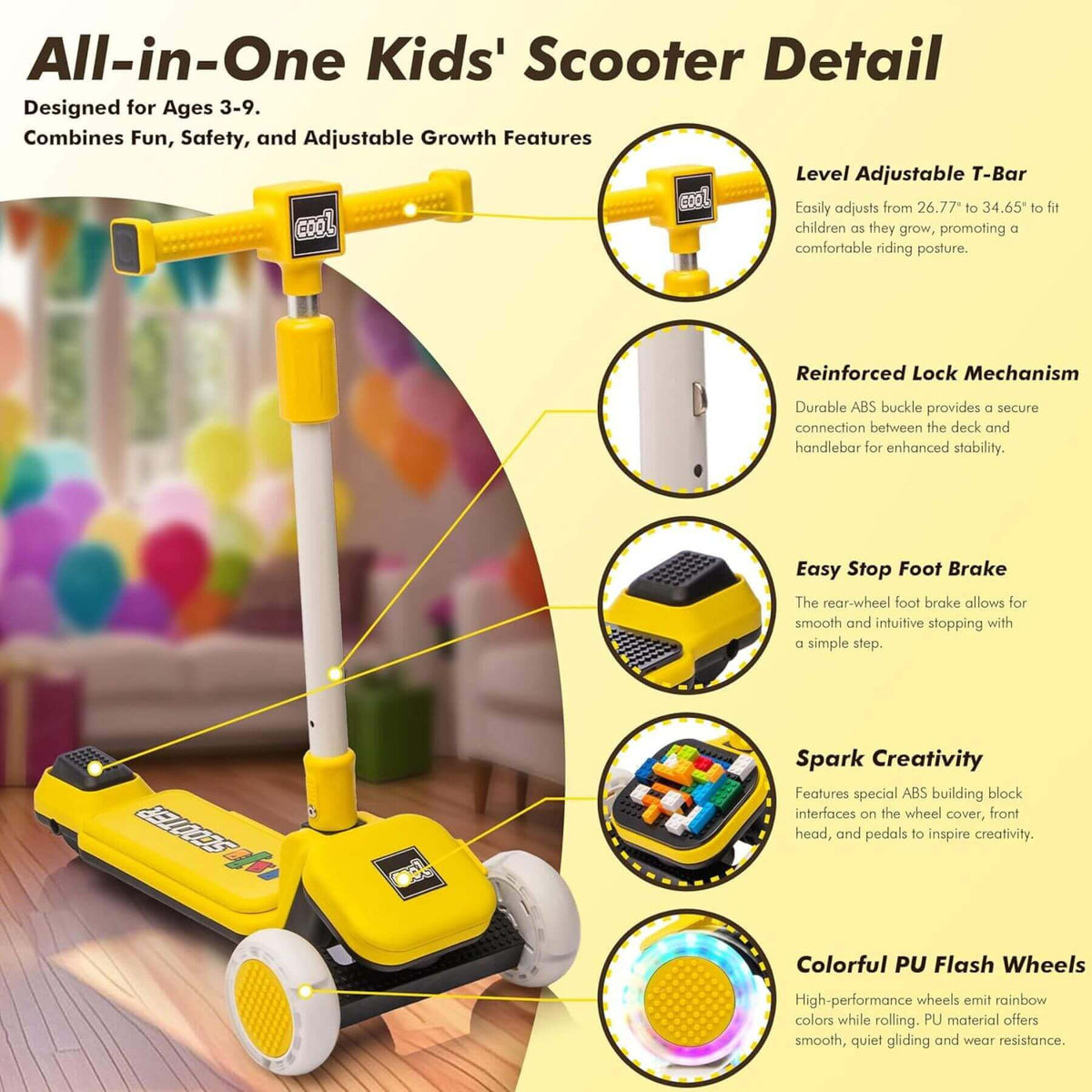 ToyRides Elite Kids Ride On 3-Wheel Scooter W/Buildable Blocks, Aged 3-9, Yellow