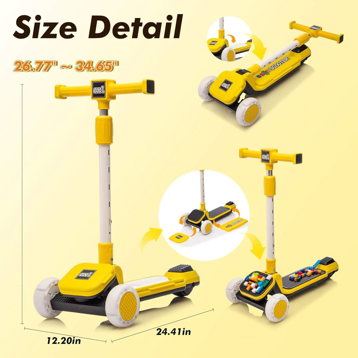 ToyRides Elite Kids Ride On 3-Wheel Scooter W/Buildable Blocks, Aged 3-9, Yellow