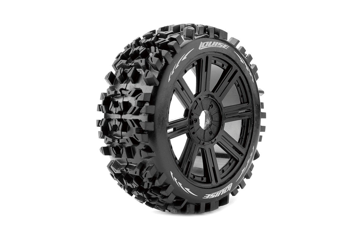 Louise R/C B-Pioneer 1/8 Off-Road Buggy Tires 17mm Hex Soft Mounted Black Spoke Rim Pair