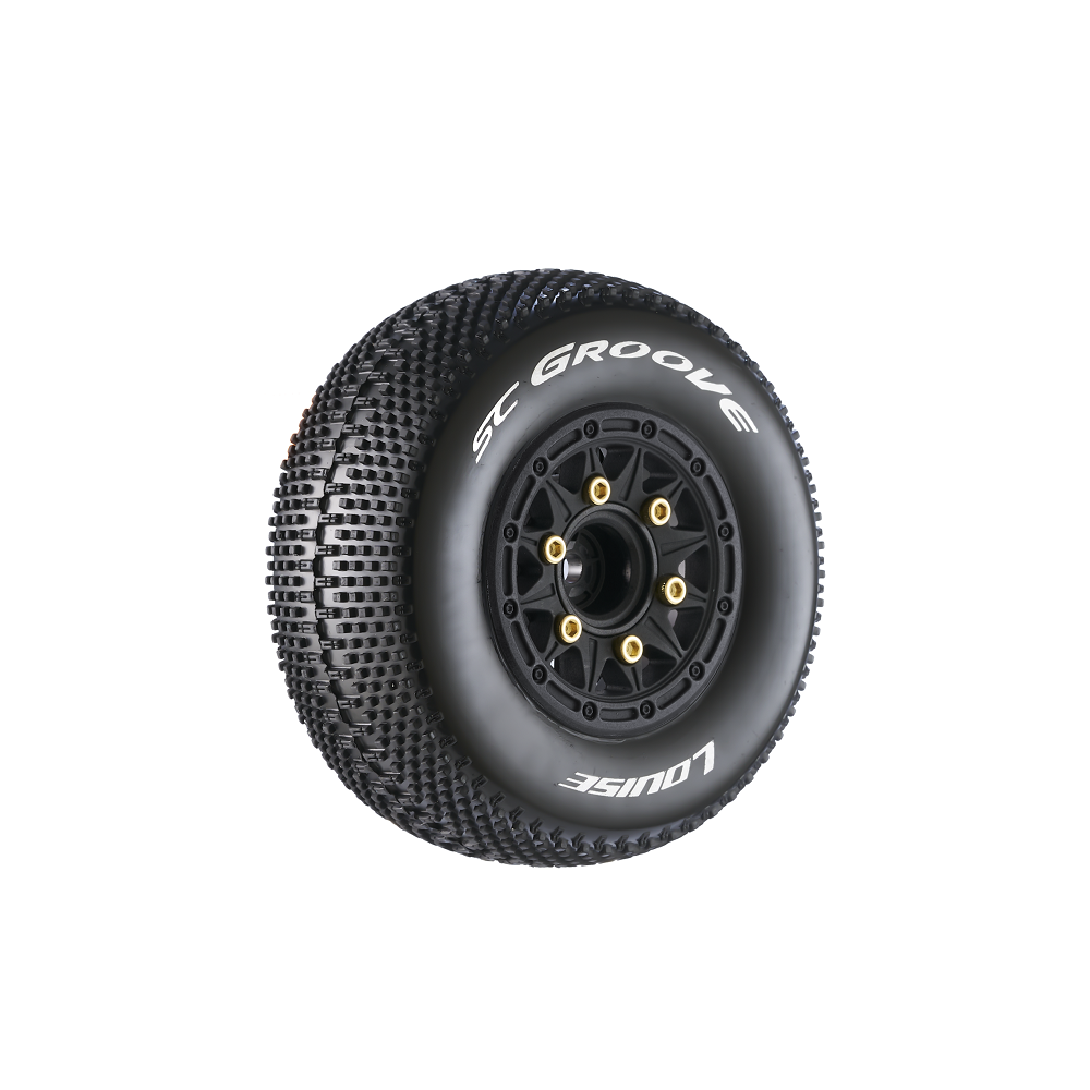 Louise R/C SC-Groove 1/10 Short Course Tires Soft 12mm 14mm 17mm Removable Hex Mounted Black Rim Pair