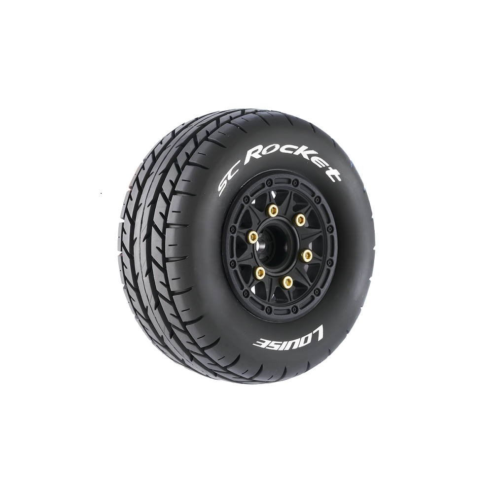 Louise R/C SC-Rocket 1/10 Short Course Tires Soft 12mm 14mm 17mm Removable Hex Mounted Black Rim Pair