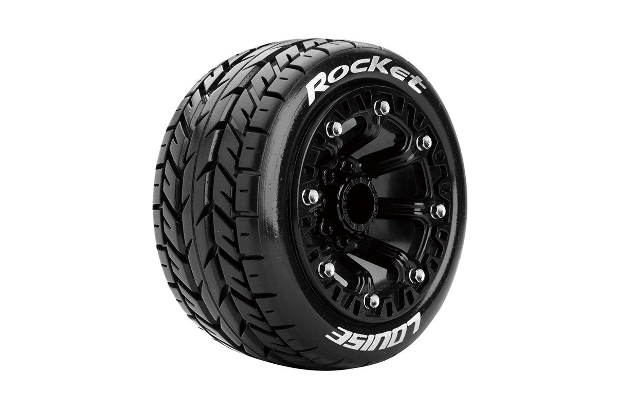 Louise R/C ST-Rocket 1/16 Stadium Truck Tires 12mm Hex Soft Mounted Black Spoke Rim Pair