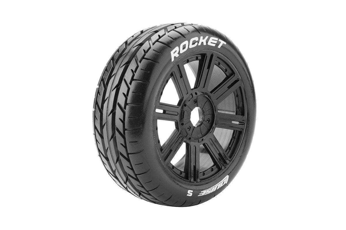 Louise R/C B-Rocket 1/8 Off-Road Buggy Tires 17mm Hex Soft Mounted Black Spoke Rim Pair