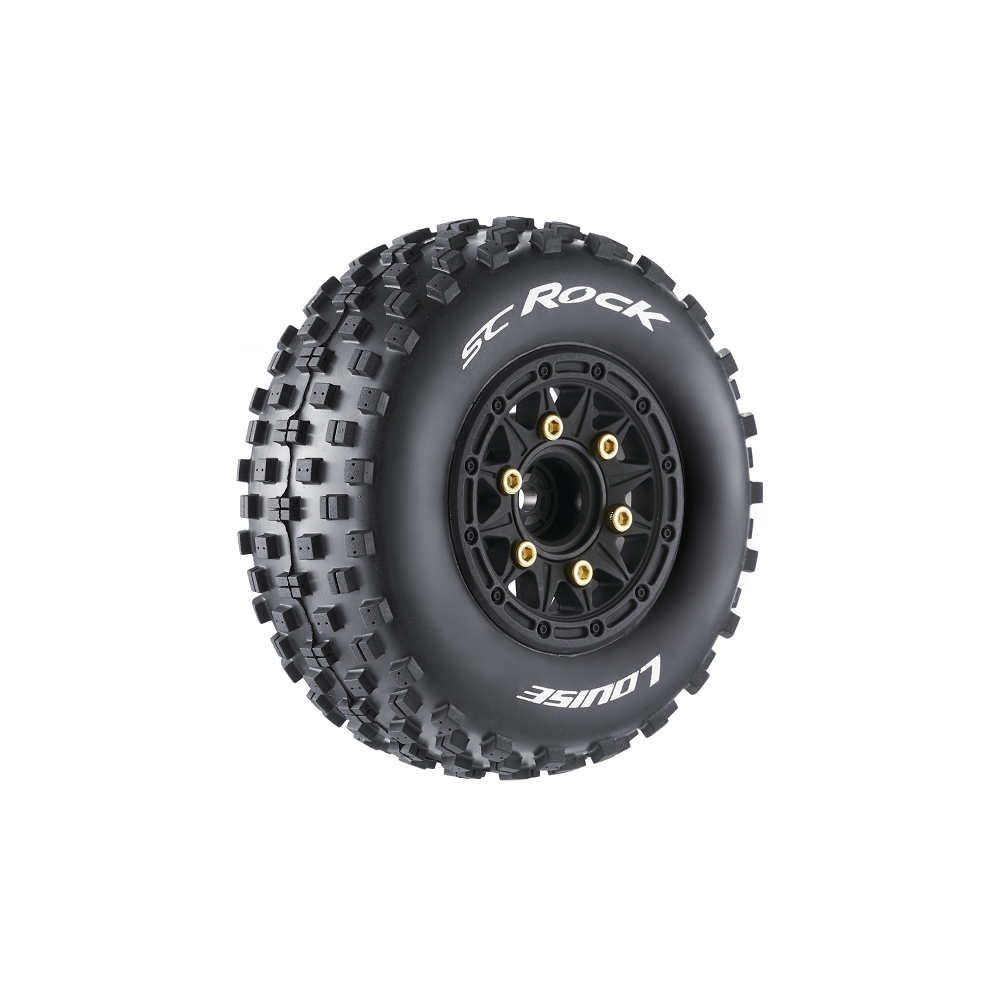 Louise R/C SC-Rock 1/10 Short Course Tires Soft 12mm 14mm 17mm Removable Hex Mounted Black Rim Pair