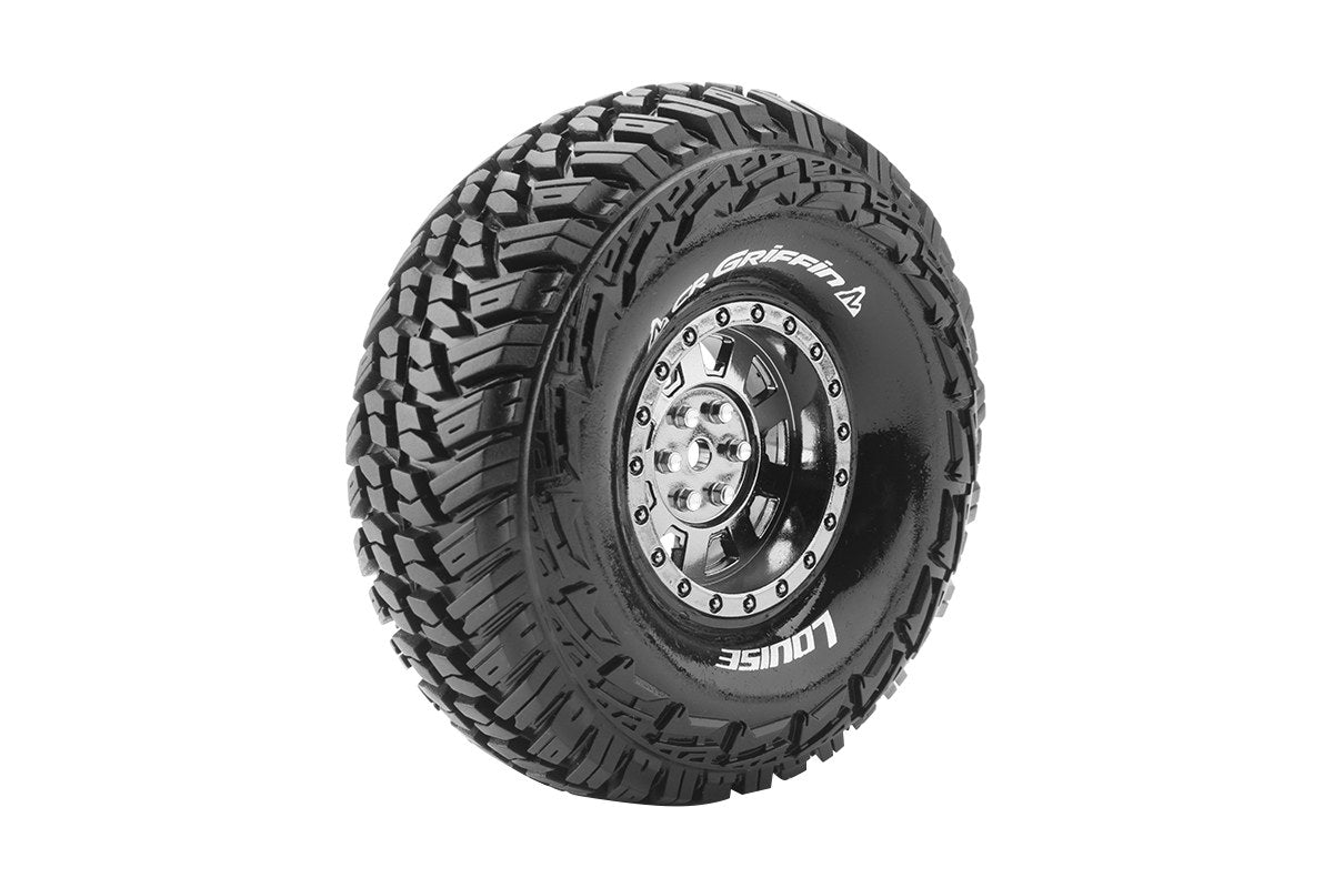Louise R/C CR-Griffin 1/10 1.9" Crawler Tires Mounted 12mm Hex Black Chrome Rim Pair