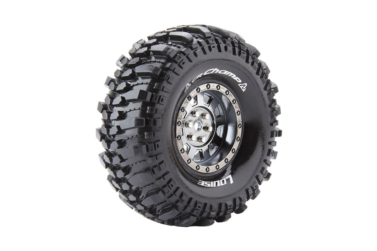 Louise R/C CR-Champ 1/10 1.9" Crawler Tires Mounted 12mm Hex Black Chrome Rim Pair