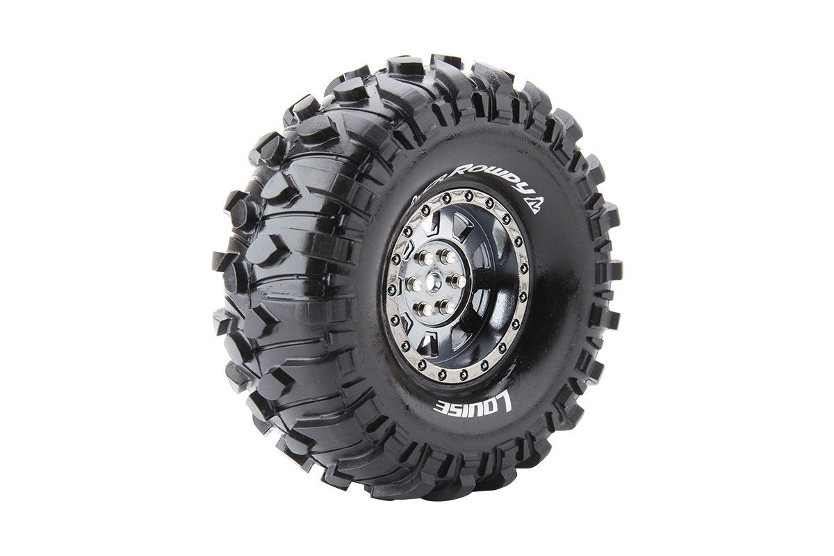 Louise R/C CR-Rowdy 1/10 1.9" Crawler Tires Mounted 12mm Hex Black Chrome Rim Pair