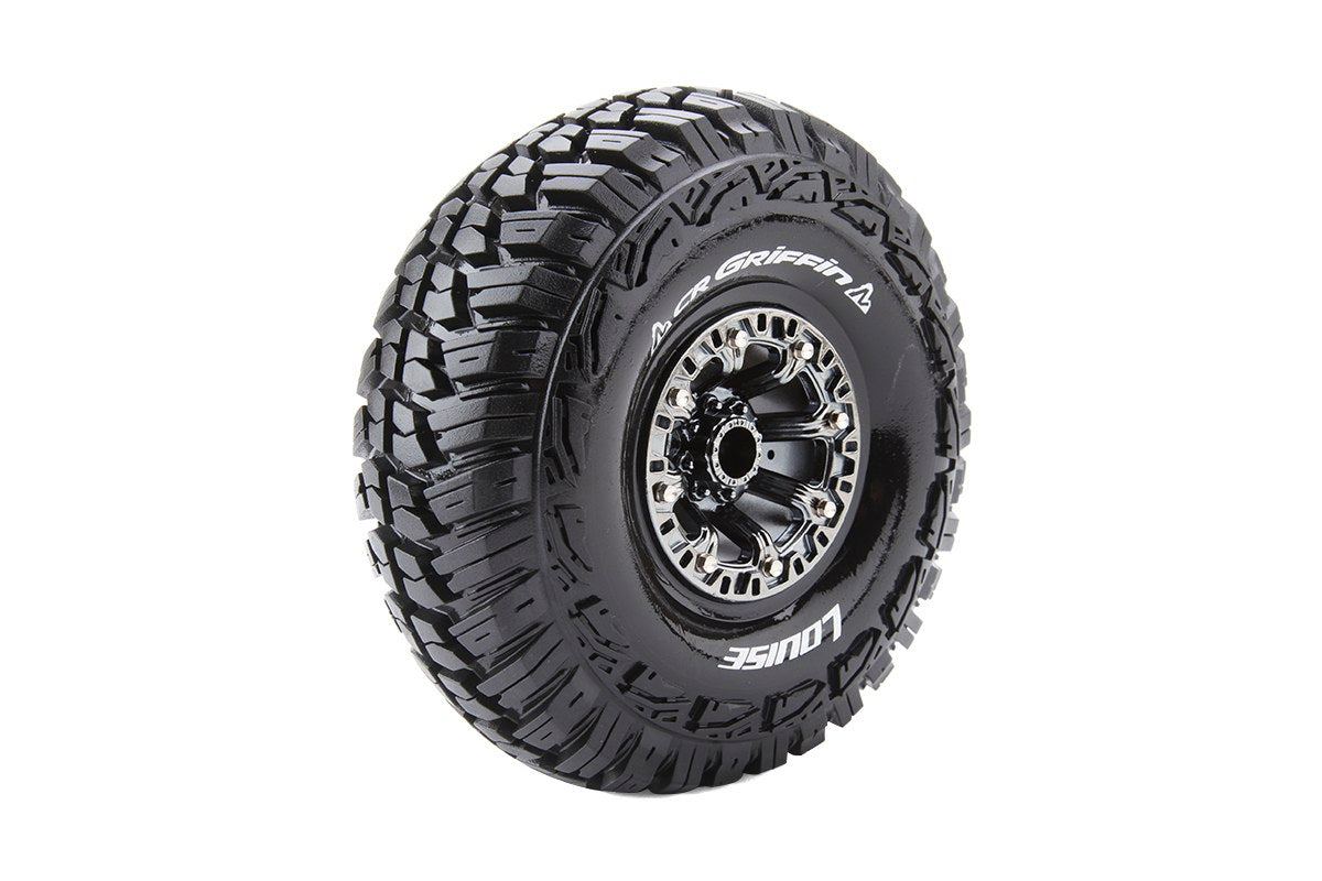 Louise R/C CR-Griffin 1/10 2.2" Crawler Tires Mounted 12mm Hex Black Chrome Rim Pair