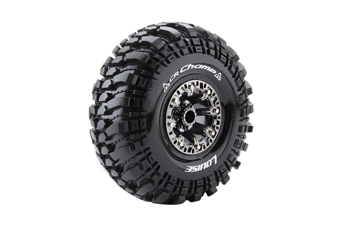 Louise R/C CR-Champ 1/10 2.2" Crawler Tires Mounted 12mm Hex Black Chrome Rim Pair