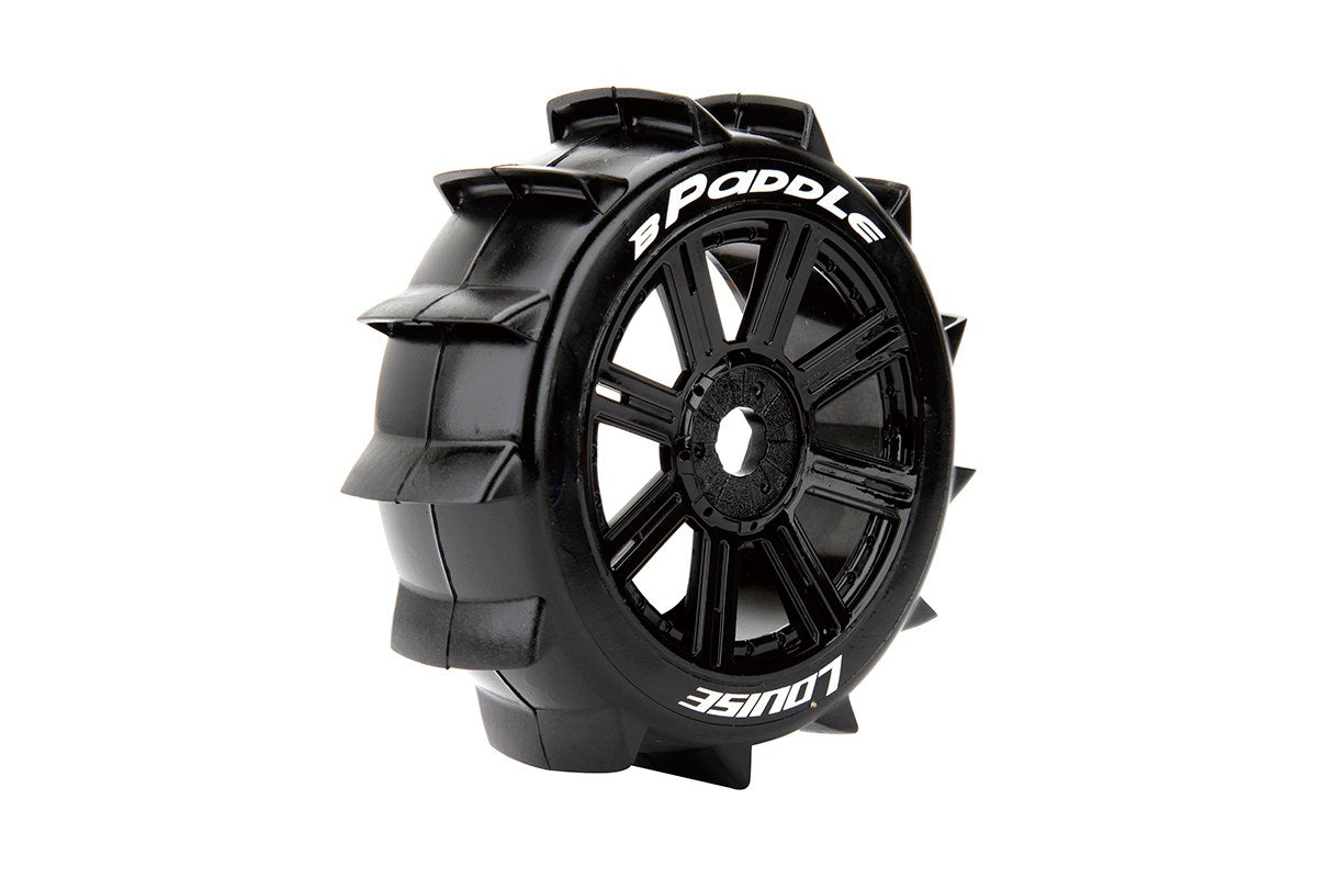 Louise R/C B-Paddle 1/8 Off-Road Buggy Tires 17mm Hex Soft Mounted Black Spoke Rim Pair