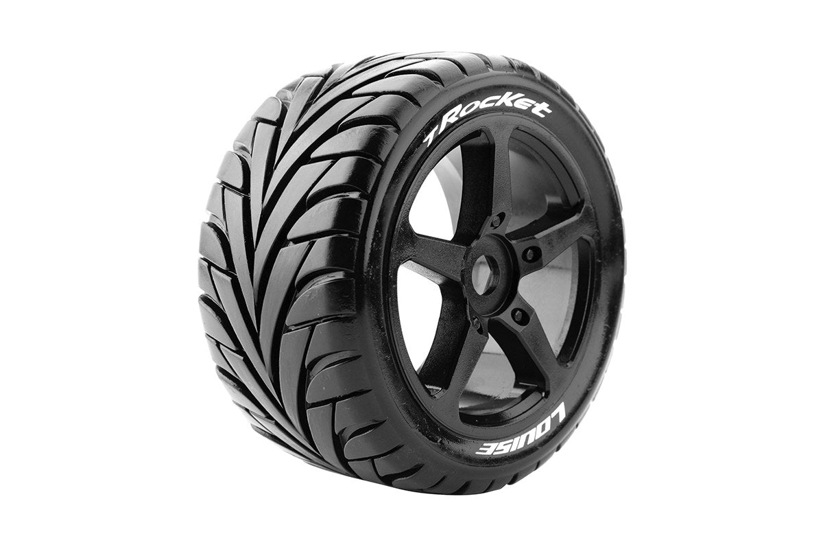 Louise R/C T-Rocket 1/8 Off-Road Truggy Tires 0" Offset 17mm Hex Mounted Black Spoke Rim Pair