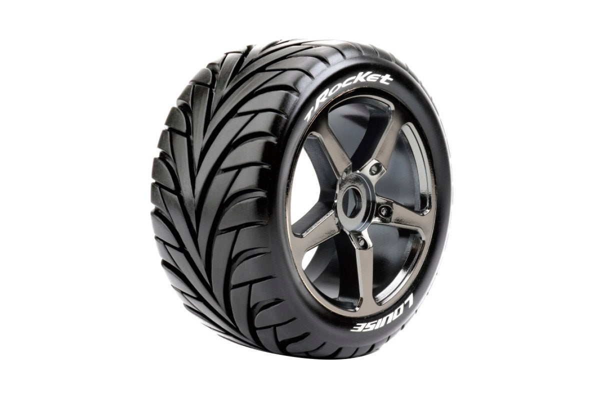 Louise R/C T-Rocket 1/8 Off-Road Truggy Tires 0" Offset 17mm Hex Mounted Black Chrome Spoke Rim Pair