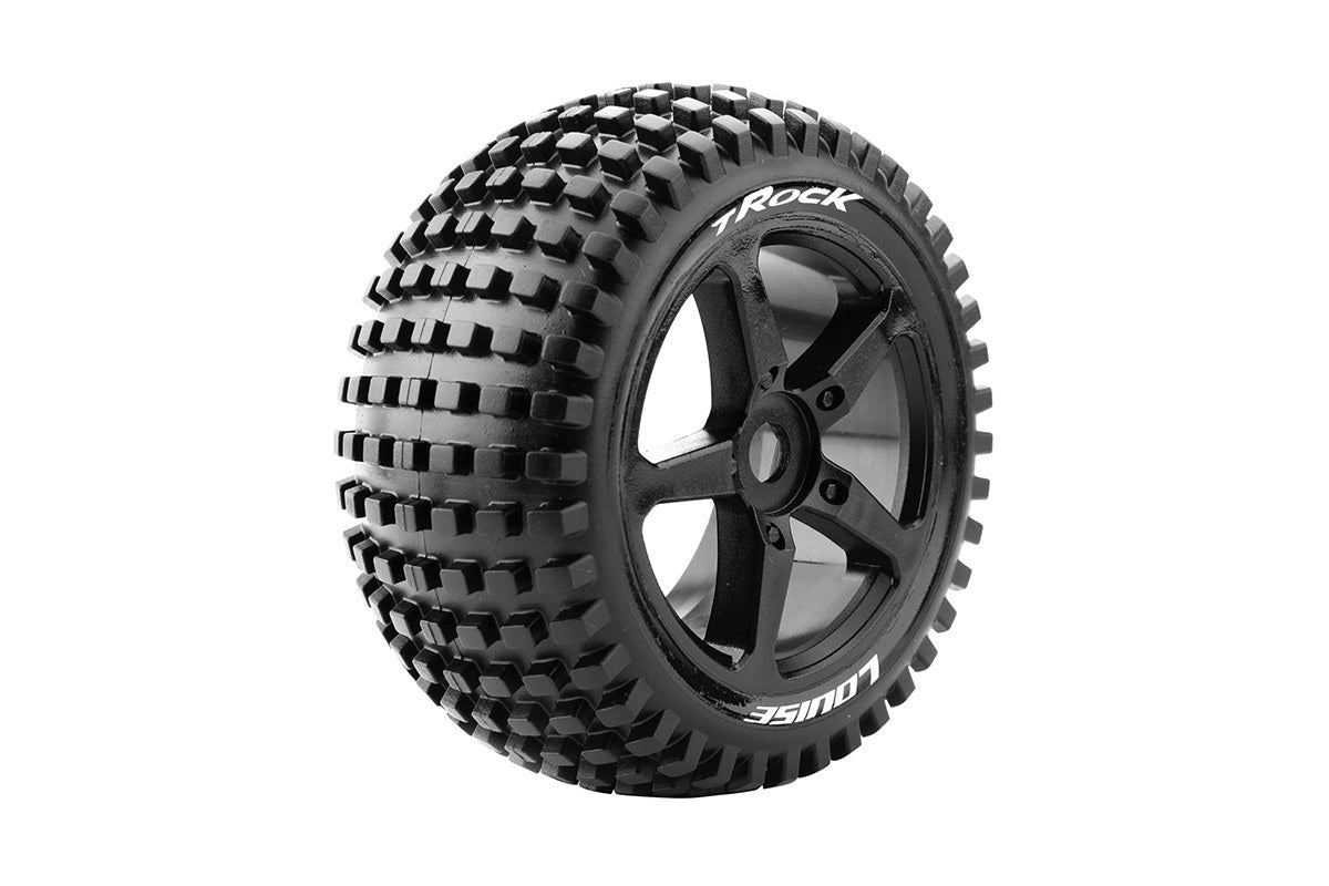 Louise R/C T-Rock 1/8 Off-Road Truggy Tires 0" Offset 17mm Hex Mounted Black Spoke Rim Pair