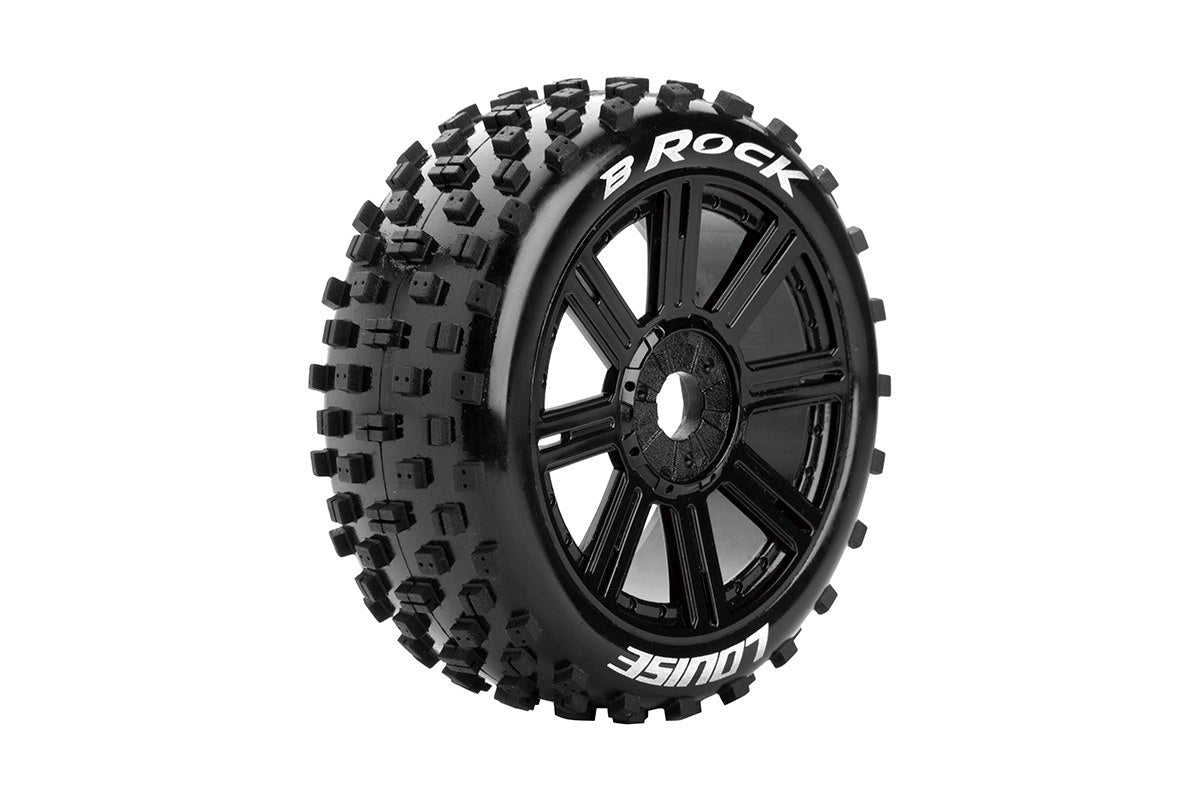 Louise R/C B-Rock 1/8 Off-Road Buggy Tires 17mm Hex Soft Mounted Black Spoke Rim Pair