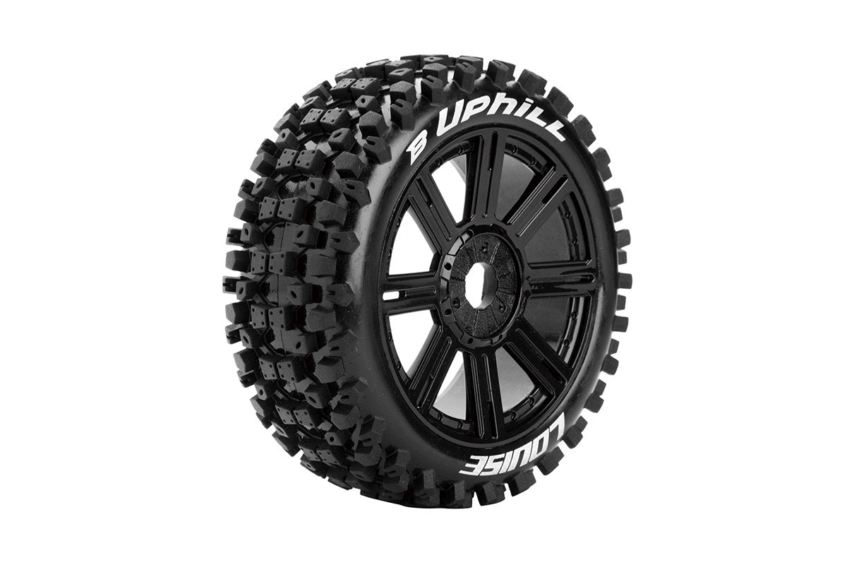 Louise R/C B-Uphill 1/8 Off-Road Buggy Tires 17mm Hex Soft Mounted Black Spoke Rim Pair