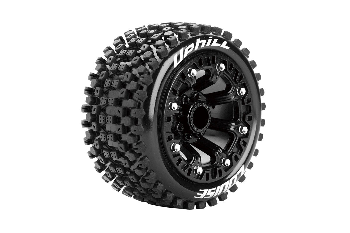 Louise R/C ST-Uphill 1/16 Stadium Truck Tires 12mm Hex Soft Mounted Black Spoke Rim Pair