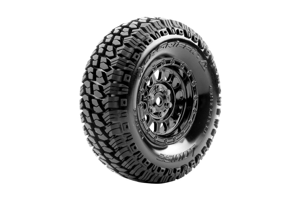 Louise R/C CR-Griffin 1/10 1.9" Crawler Class 1 Tires Mounted 12mm Hex Black Chrome Rim Pair