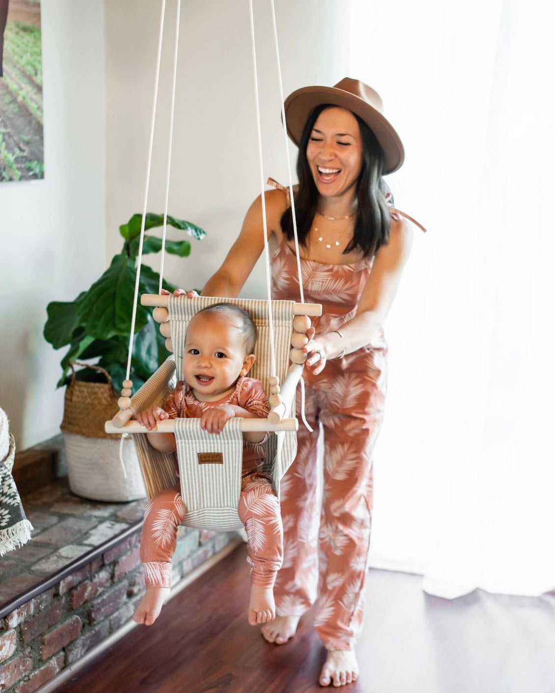 Indoor High Back Cotton Baby & Toddler Swing-Greige/Vanilla Stripe