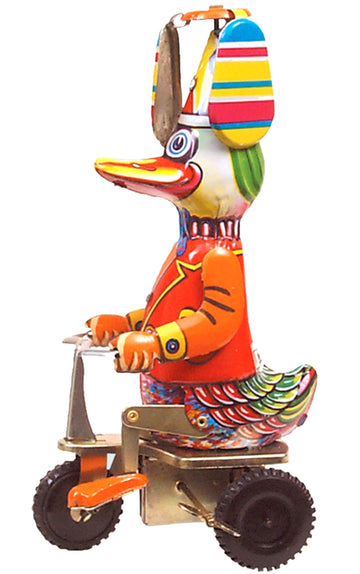 Shan Duck On Bike Tin Toy 8' Classic Collectible Wind-Up W/ Moving Knees & Pedals