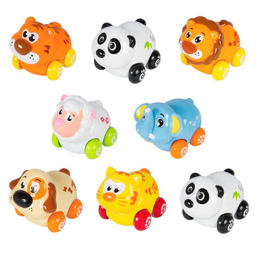 Az Trading & Import Ps376 Cartoon Animals Friction Push & Go Toy Cars Play Set Of 8 Panda, Cat, Elephant, Dog, Lion, Tiger & Sheep