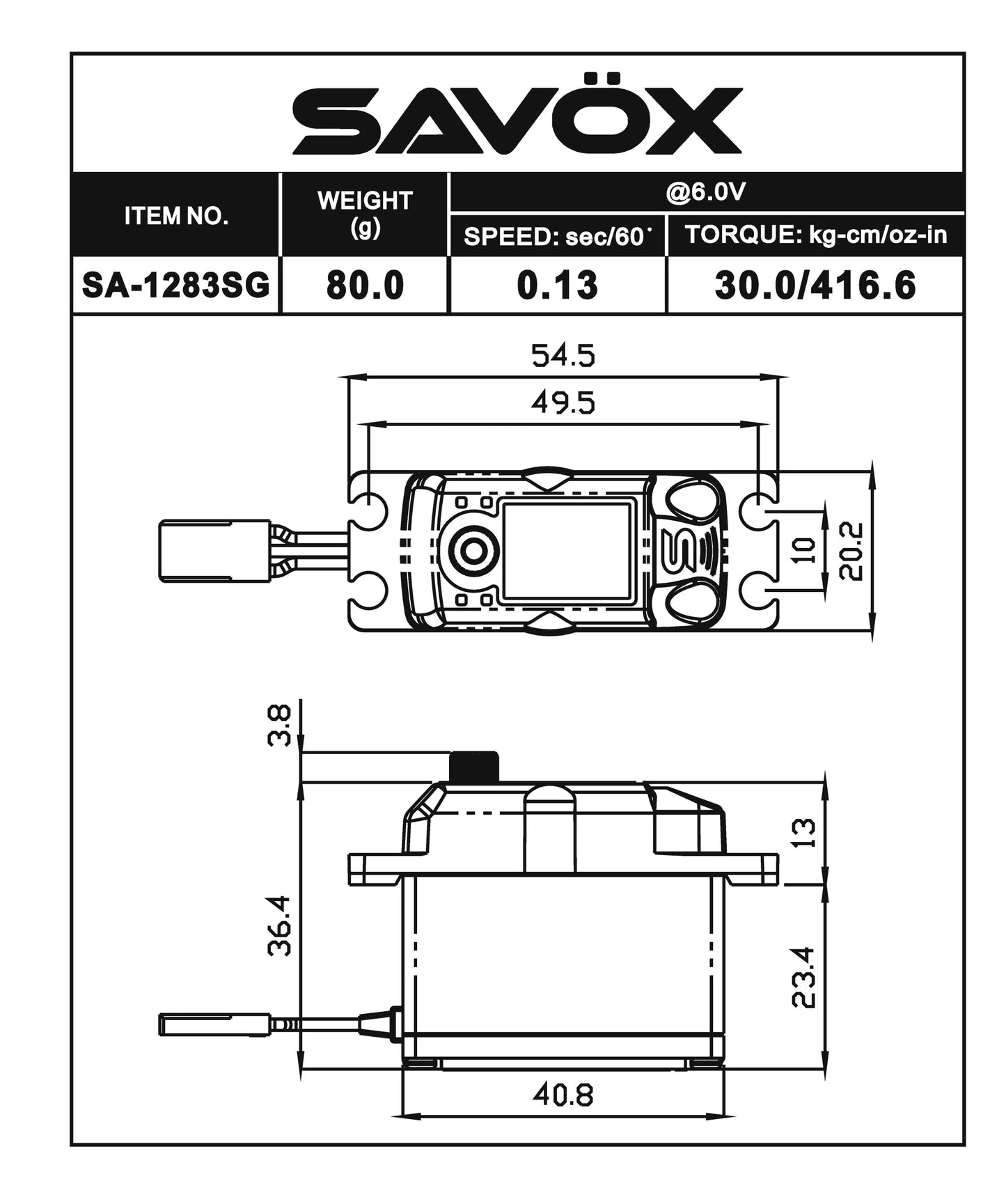Savox SA1283SGP Plus Coreless Aluminum-Case Servo - 12-Bit | 30 kg-cm