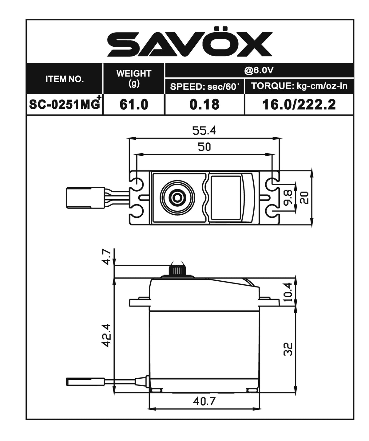 Savox SC0251MGP Larger Standard Servo for 1/8 Scale - Metal Gears | 222 oz-in