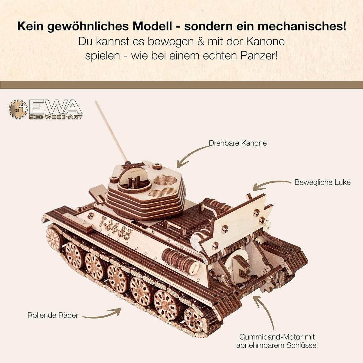 T-34-85 Tank — Mechanical Wooden Model, 965 Pieces