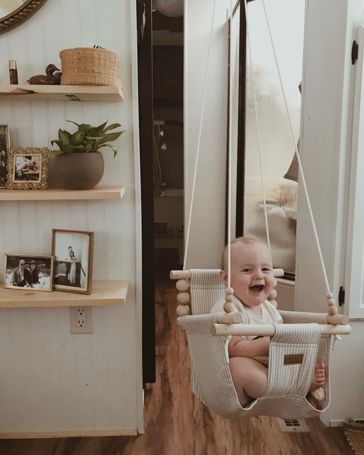 Indoor High Back Cotton Baby & Toddler Swing-Greige/Vanilla Stripe