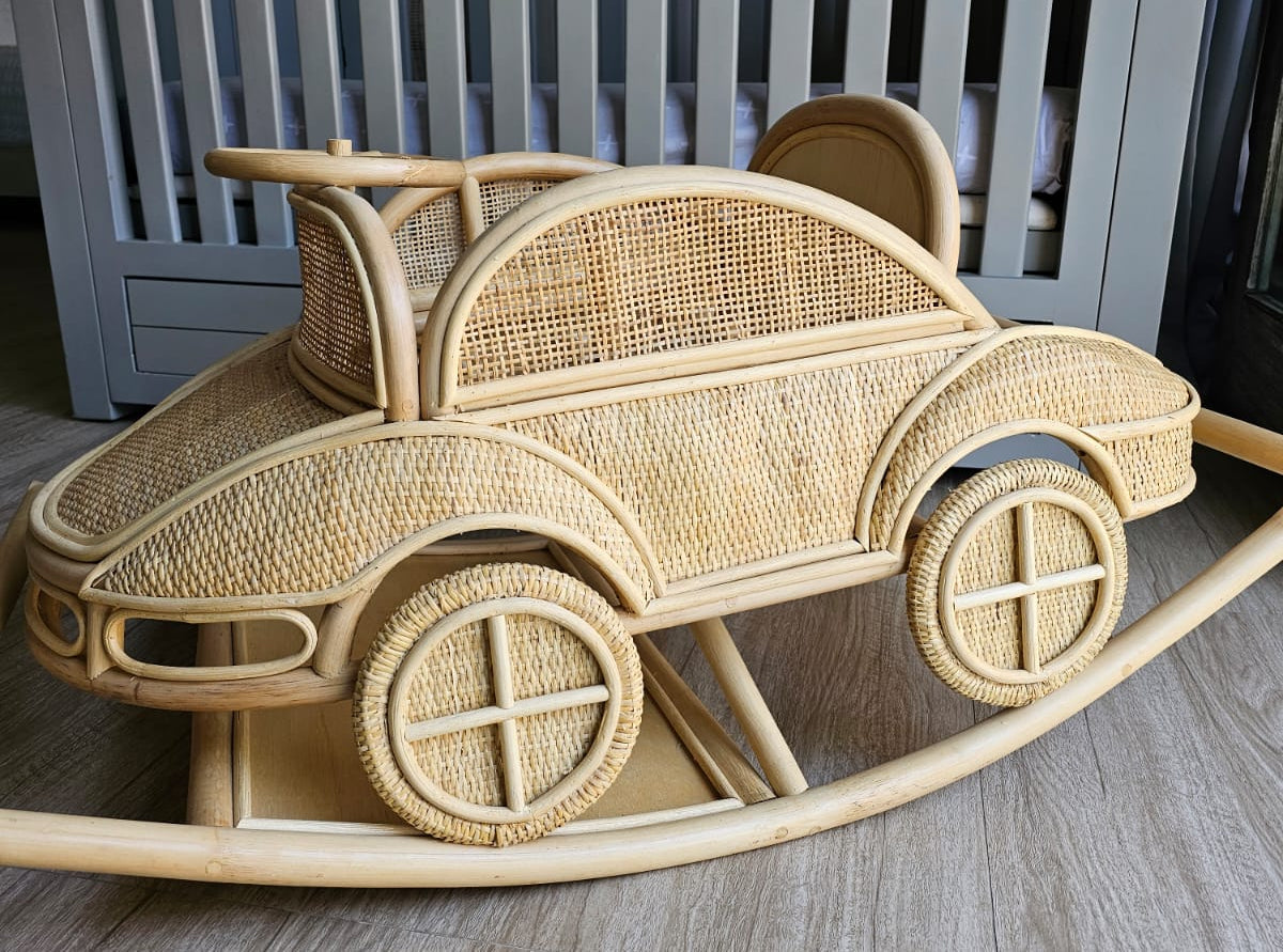 Vintage Inspired Rattan Rocking Car for Toddlers