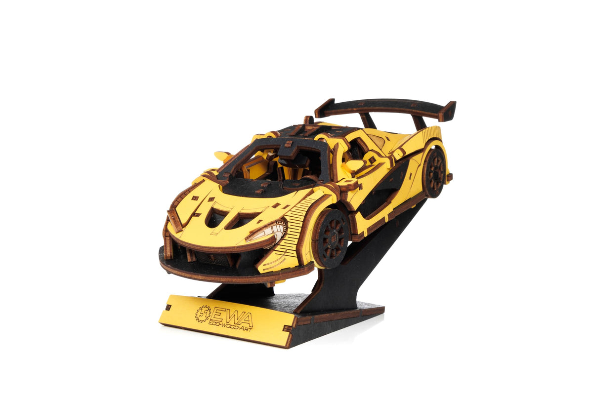 Yellow Racing Car — Mechanical Wooden Model, 237 Pieces